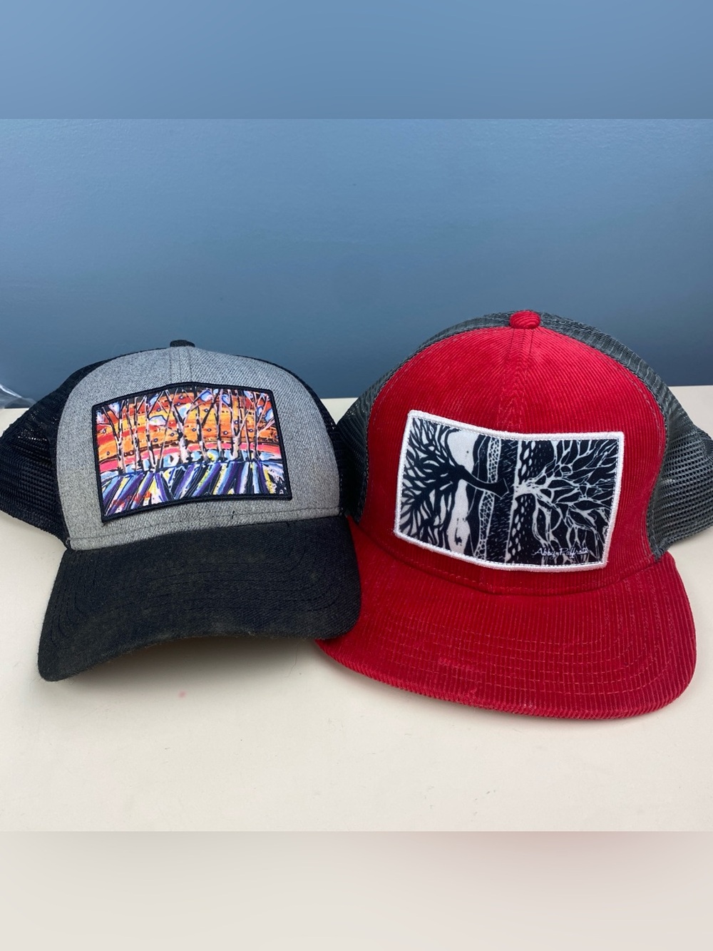 Art 4 All Abby Paffrath Hats, Lot Of 2, Patch Hat Black Trucker & Corduroy Red